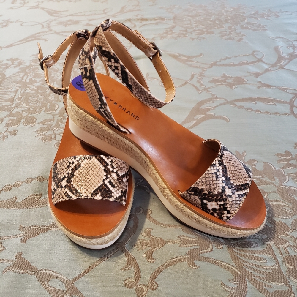 Lucky Brand Jeneka Snakeskin Tan Black Espadrille Platform Sandals Women 8.5 - Picture 2 of 12